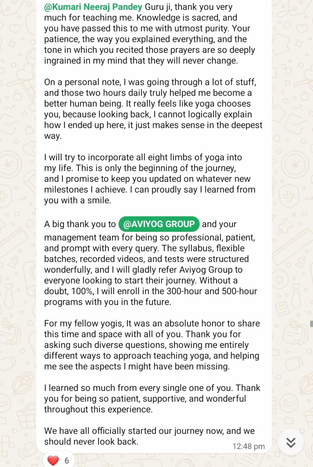 AVIYOG WhatsApp Testimonial during course shared by Students
